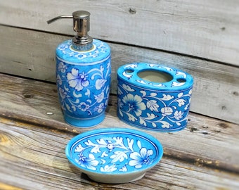 Set of 5 Pieces Soap Dispenser Tooth Paste Holder Bathroom Set Cotton Holder Jaipur Blue Pottery Bathroom Accessories Soap Dish