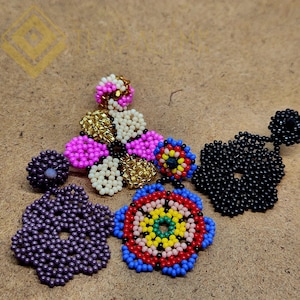 Beaded Double Flower Huichol Earrings (M)