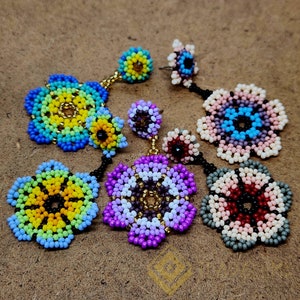 Beaded Double Flower Huichol Earrings (L)