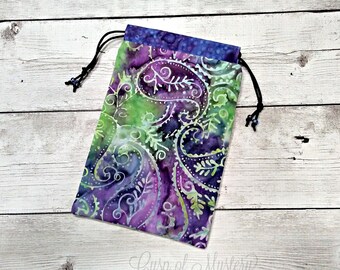 Green Paisley Batik Tarot Deck Bag, Drawstring Divination Pouch