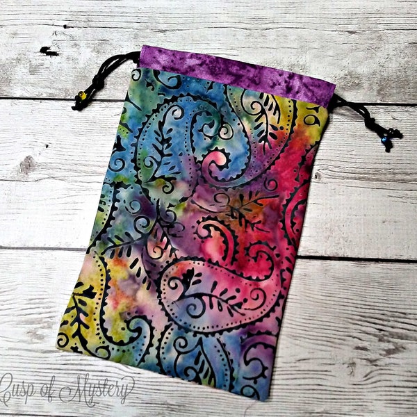 Tarot Deck Bag, Rune Pouch, Crystal Pouch, Charm Casting, Drawstring Bag ~ Multicolor Paisley Batik