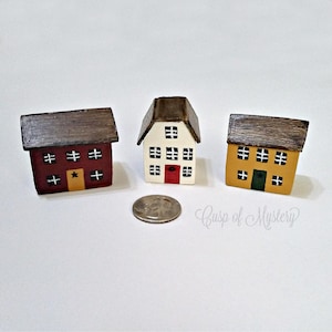 Miniature Wood Houses, Handmade Primitives, Dollhouse for Dollhouse, Tiered Tray Decor, Tiny Folk Art Village, (set of 3)