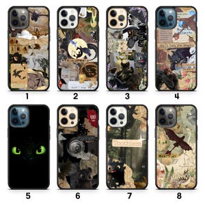 May include: Collection of eight phone cases with various designs. The cases feature images of dragons, collages, and text. The cases are black with different images and text, including "Toothless" and "Night Fury".