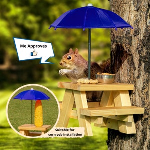 Squirrel Feeder Picnic Table with Umbrella and Corn Cob Holder and Peanut Bowl | New Premium Gift For Squirrel and Chipmunk lovers | SQUIFTY