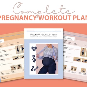 May include: A three-page document with a light blue and pink background. The document is titled "Pregnancy Workout Plan" and includes a workout plan for weeks 13-26, 27-birth. The document includes images of a pregnant woman performing exercises.