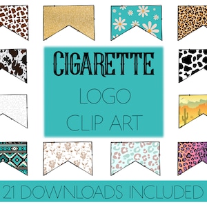 Könnte beinhalten: Ein Satz von 21 digitalen Clipart-Bildern mit verschiedenen Mustern und Designs. Die Bilder haben die Form eines Chevrons und zeigen Muster wie Kuhfell, Leopardenmuster und Blumendesigns. Der Text "CIGARETTE LOGO CLIP ART" wird in der Mitte des Bildes angezeigt.
