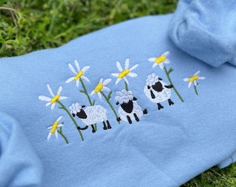 Sheep and Daisy Embroidered Sweatshirt | whimsical Cute animal and flower cottagecore Sweater