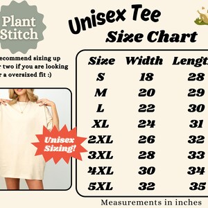 May include: Unisex tee size chart with measurements in inches. The chart shows the width and length of the tee in inches for sizes S through 5XL. The chart is on a beige background with black text. The text "Plant Stitch" is in a green circle at the top left of the chart. The text "Unisex Tee Size Chart" is in black text at the top center of the chart. The text "Unisex Sizing!" is in a red starburst at the bottom left of the chart.