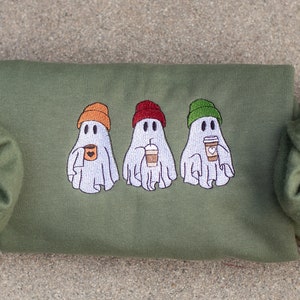 Cute Ghost Coffee Embroidered sweatshirt, Embroidered Sweatshirt, Fall Sweatshirt, Little Ghost Ice Coffee Shirt, Halloween Sweatshirt