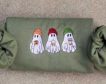 Sudadera bordada con fantasmas de café, sudadera bordada, sudadera de otoño, camiseta de café helado con fantasmas, sudadera de Halloween