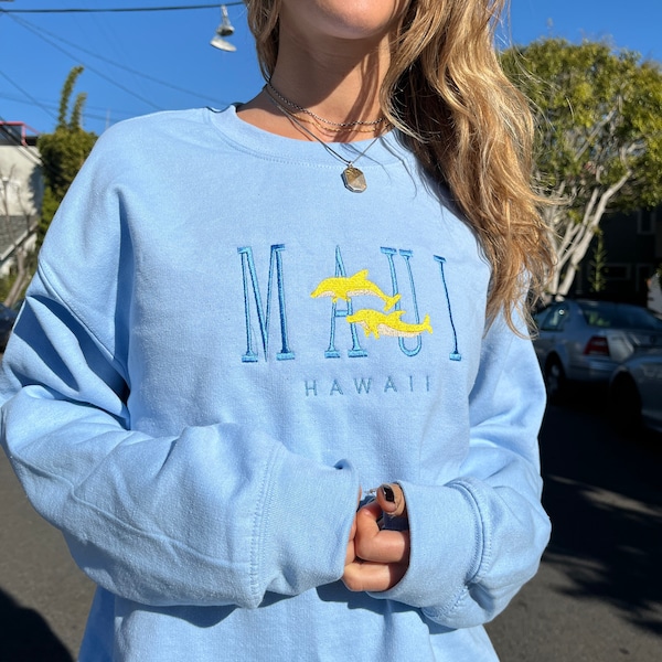 CUSTOM MAUI HAWAII Embroidered Crewneck, Vintage Embroidered Logo Crew, Personalized Embroidered Sweatshirt