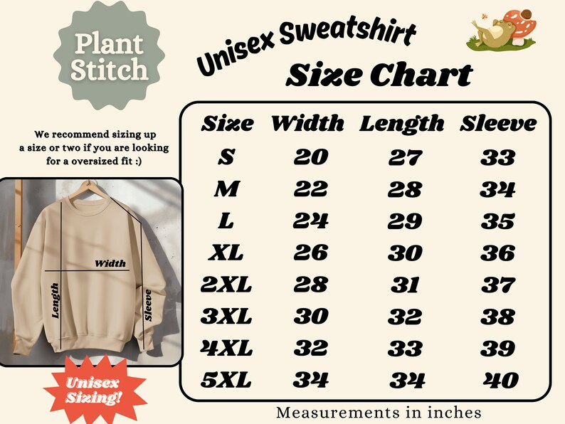 May include: Unisex sweatshirt size chart with measurements in inches for width, length, and sleeve. Sizes range from S to 5XL.