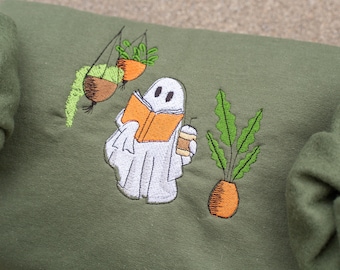 Embroidered Ghost Sweatshirt: Plant, Coffee, Book - Spooky Season