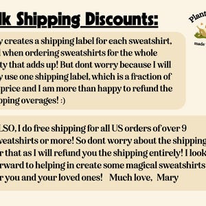 May include: A beige informational graphic with black text titled Bulk Shipping Discounts. The text explains shipping label policies for sweatshirt orders. In the top right corner, a logo features a small brown frog and a red mushroom with the text Plant Stitch made with love.