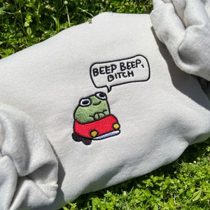frog embroidered crewneck sweatshirt funny cottage core frog lover silly gift, Beep Beep
