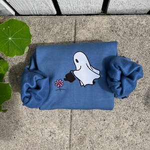 Embroidered ghost flower sweatshirt, halloween gift, cute ghost halloween crewneck, spooky sweater, pumpkin