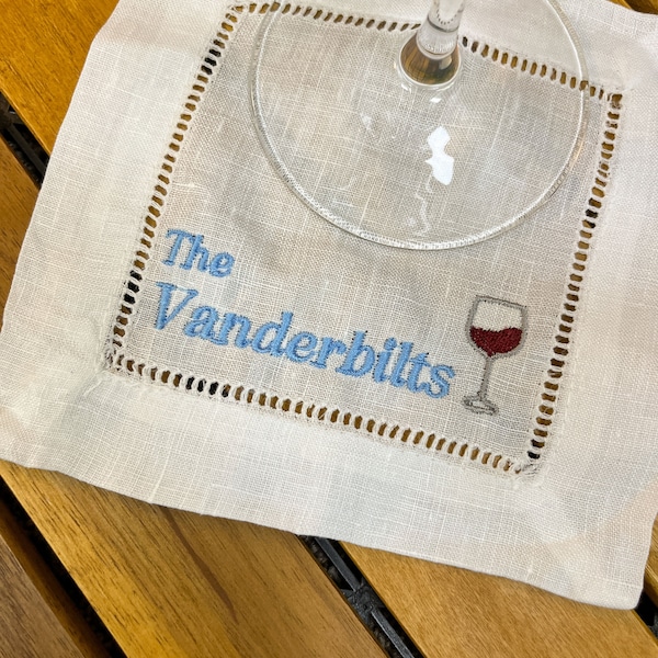 Personalized Linen Cocktail Napkins Set - Custom Embroidered Name & Drink Logo - Choose Set of 4, 6, or 8 - Elegant Entertaining