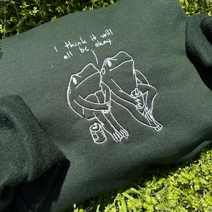 Sudadera con bordado de rana: cuello redondo retro de salud mental