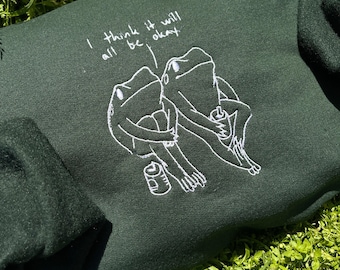 Sudadera con bordado de rana: cuello redondo retro de salud mental