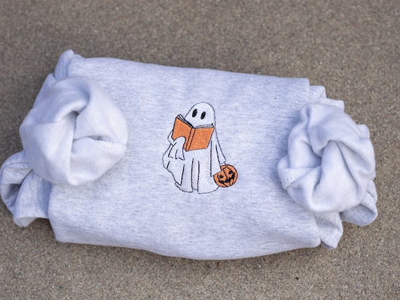 Embroidered Ghost Book Sweatshirt: Spooky Season Pullover