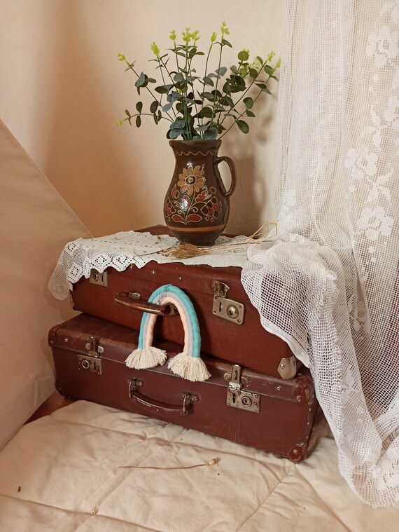 Vintage travel suitcase 1970s leather cardboard lugga… - Gem