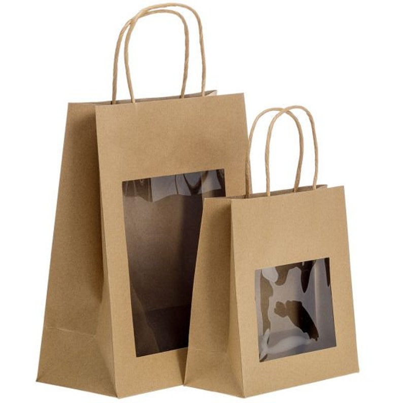 Brown twist handed bags from brown kraft paper, bag with window, gift bag, package bag, with window, listing for 48pcs, different sizes image 1