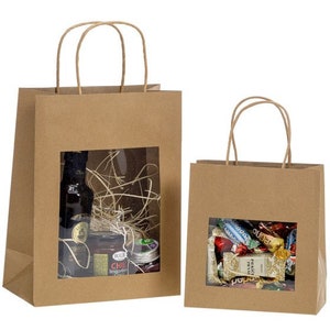 Brown twist handed bags from brown kraft paper, bag with window, gift bag, package bag, with window, listing for 48pcs, different sizes image 2