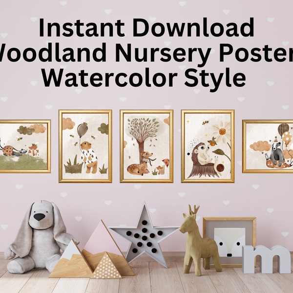 Instant Download Woodland Theme Nursery Print Poster Watercolor Style