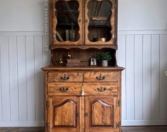 Vintage Maple Hutch | Colonial Farmhouse Cabinet, Glass Door Display Cabinet, Dining Room Storage