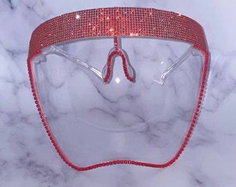 Bling Face Shield | Red Rhinestones | Sturdy | Adult Face Cover | Anti-Fog Shield for Christmas Parties