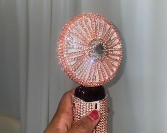 Handventilator roségouden strass-steentjes: oplaadbare bling-fan met voet