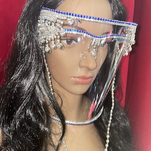 Bling Face Shield | Clear Anti-Fog | Blue and Silver Shield | Glasses Shield| Elegant Shield for events and weddings