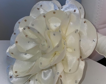Handmade Off-White Satin Rose Brooch | Gold Accent Flower Pin