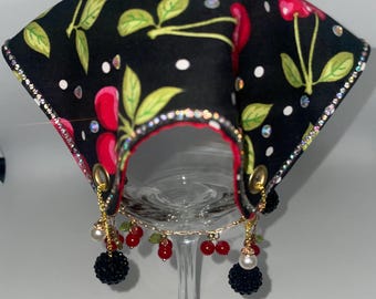 Cherry Wine Glass Cover, Rhinestone Cup Cover, Beaded Cocktail Topper, Reusable Drink Guard