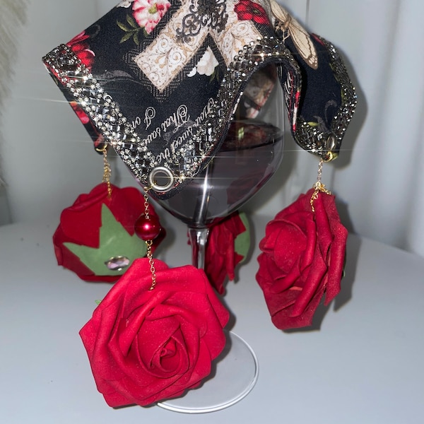 Sacred Elegance: Black Fabric Cup Cover with Christian Quotes, Red Roses, Crosses, and Bling – A 4D Masterpiece of Faithful Artistry