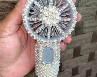 Uitgebreid miniventilator | Parel en strass bedazzled oplaadbare bruidswaaier