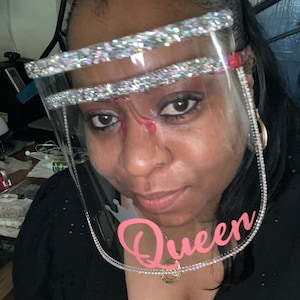 Custom Face Shield | Pretty AB Iridescent Rhinestones | Queen Decal Sticker | Anti-Fog