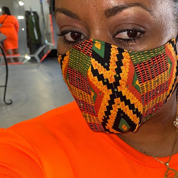 Ankara Face Mask | Orange Striped Kente Style | Cotton Mask | African Print | Washable | Kwanza Gift