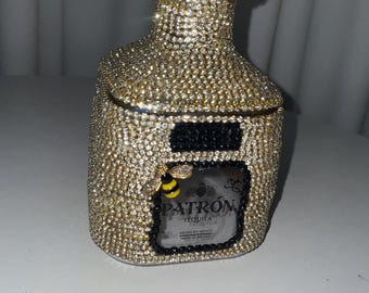 Rhinestone Tequila Bottle Cup With Straw, Black & Gold Bling Screw Top Party Cup
