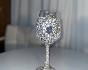Luxury Rhinestone Wine Glass | Oversized Brooch Accent Bling Goblet | Silver on Silver
