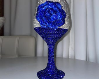 Royal Blue Rhinestone Wine Glass, Bedazzled Red Goblet, Blue Rose Bling Cup