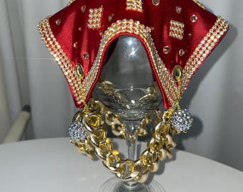 Red Satin Cup Cover: Gold Chain & Bling Drink Protection