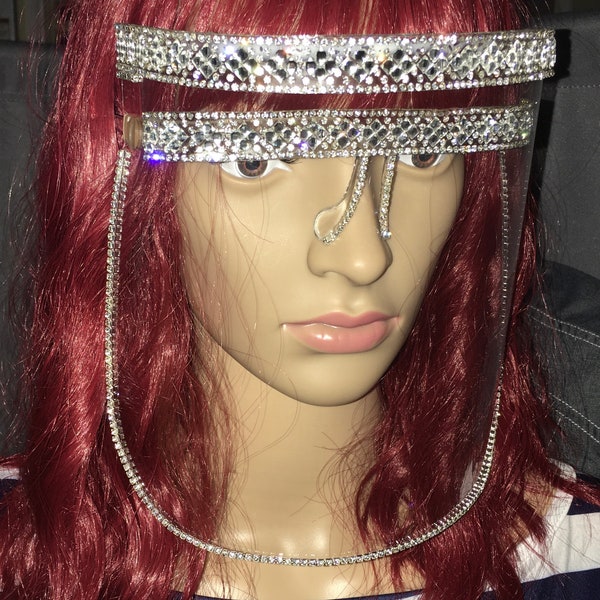 Silver Bling Face Shield™ | Diamond Shape Band of GEMS and Rhinestones | Glam Shield