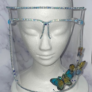 Butterflies Bling Luxury Face Shield | Lens-Free Glasses | 3-D Butterfly Decals | Rhinestones |