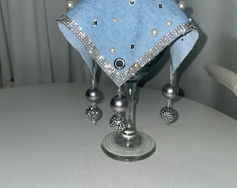 Denim Cup Cover: Square Reusable Lid with Pearl & Rhinestone Bling