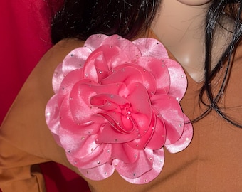 Pink Floral Brooch, Satin Fabric | Oversized Flower Pin, Statement Accessory for Jackets, Dresses, Scarves