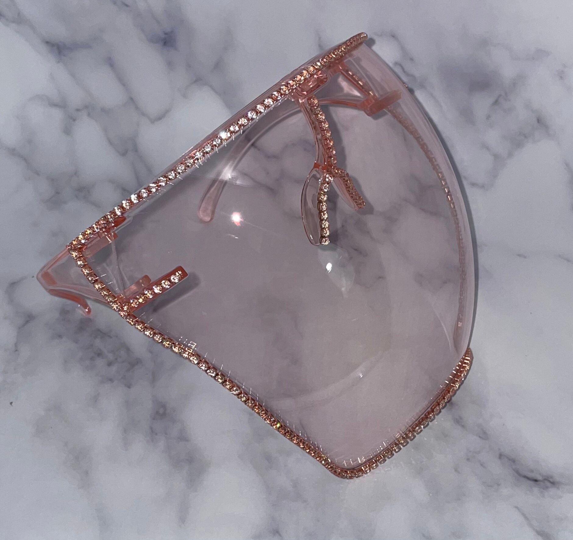 Rose Rim Style Shield Rhinestone Face Shield | Pink Tinted Rose Gold Bling Shield for Prom ...