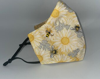 Yellow Feed the Bees Face Mask | Queen Bee | Bumble Bees | Save the Bees | Washable Cotton | Flowers | Mommy and Me | Reusable