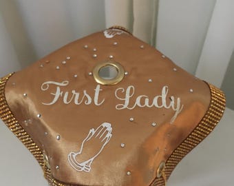 First Lady Cup Cover, Gold Satin Rhinestone Drink Accessory, Church Gift for Pastor’s Wife