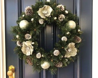 Wreath: Mint and Silver Magnolias and Baubles (Artificial Wreath with Fairy Lights)